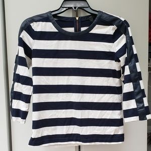 J Crew Striped 3/4 Top with Faux Leather edging